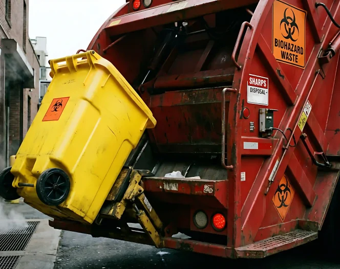 garbage truck dumping waste into a yellow bin on city street photo